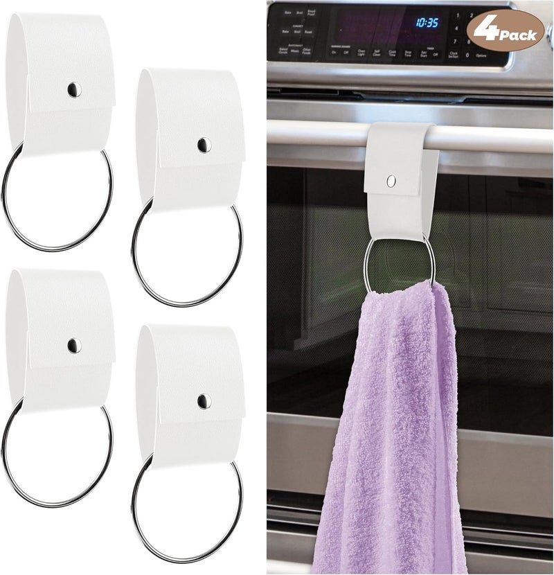 MISAKTEAM 4 PCS Leather & Metal Towel Ring Holder for Kitchen Dish Towels Holder with Loop Oven Door Hanger Gifts for Farmhouse Home Decor(White) - Image 1